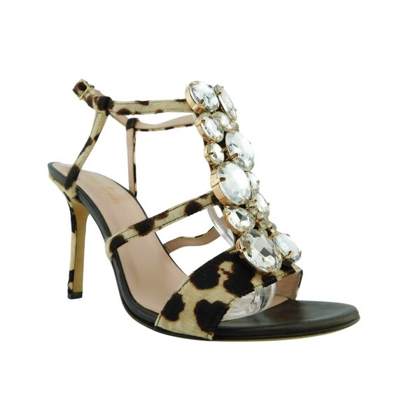 KATE SPADE Leopard Print Calf Hair Crystal Vamp Caged Sling Heel Sandals 8 - Picture 1 of 7